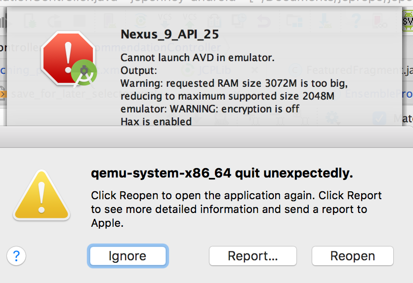 android emulator quit unexpectedly mac